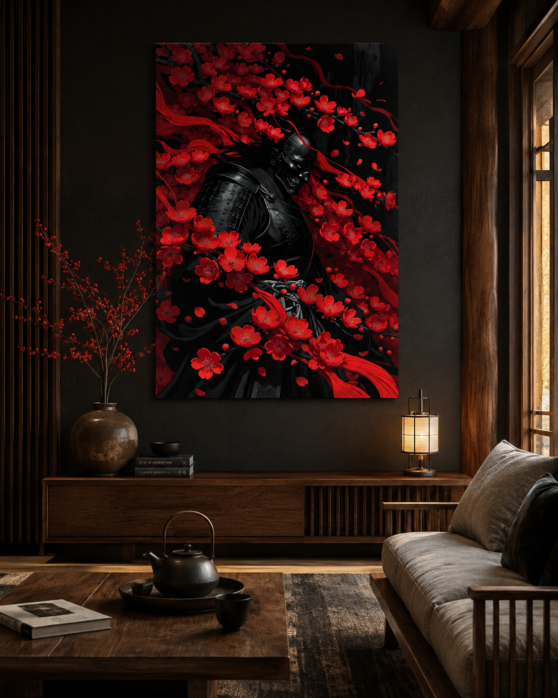 Guerrera japonesa entre sombras rojas | lienzo decorativo