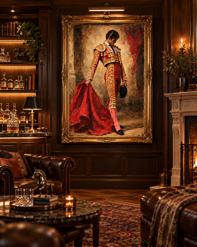 Cuadro El Torero con marco dorado en un salón de madera oscura con sillones de cuero, chimenea y mueble bar