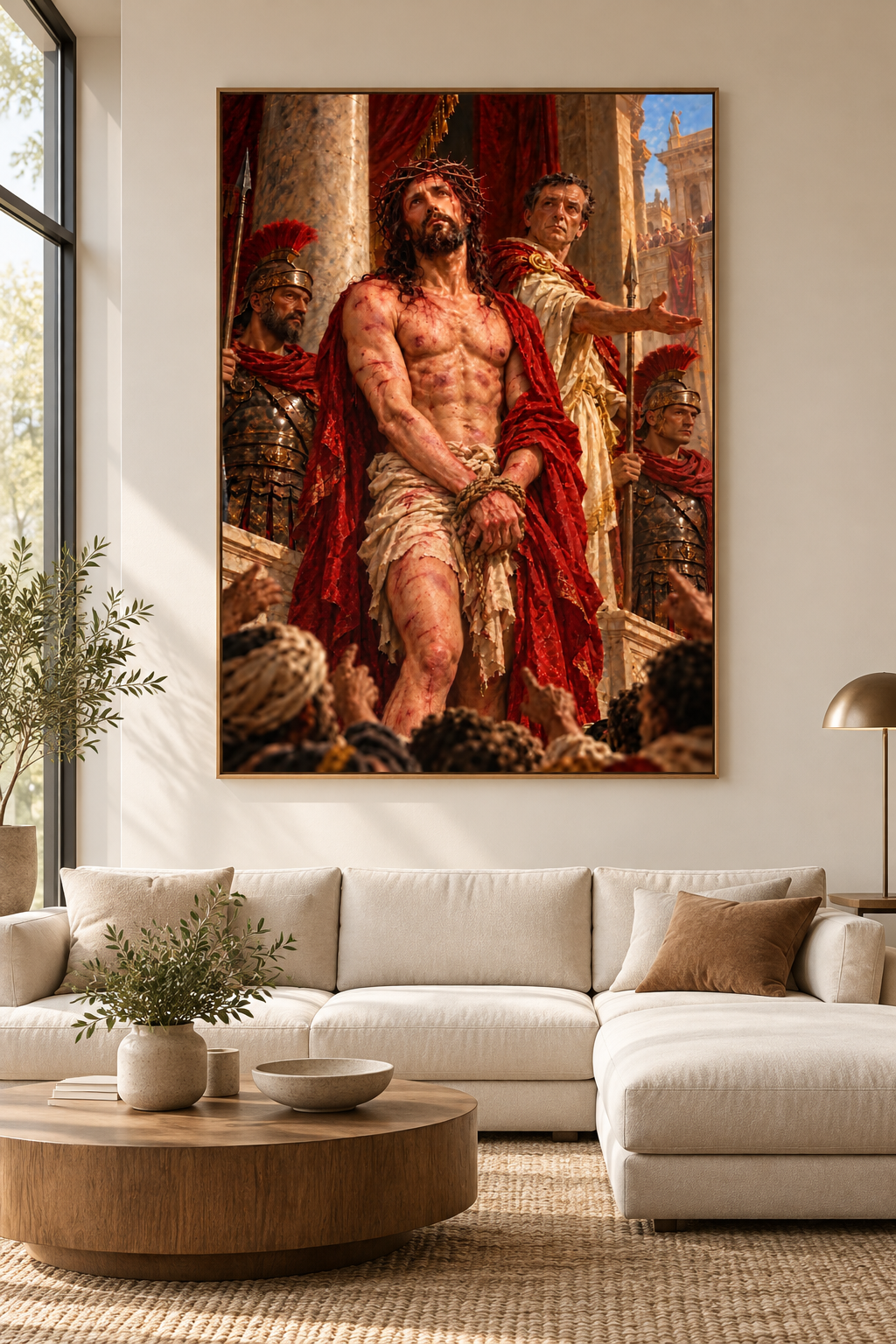 Cuadro del Ecce Homo en un salón moderno con sofá blanco en L, olivo y mesa de centro de madera