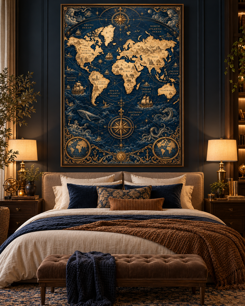 Cuadro de mapa mundi en azul y oro sobre el cabecero de un dormitorio oscuro con cojines azul marino