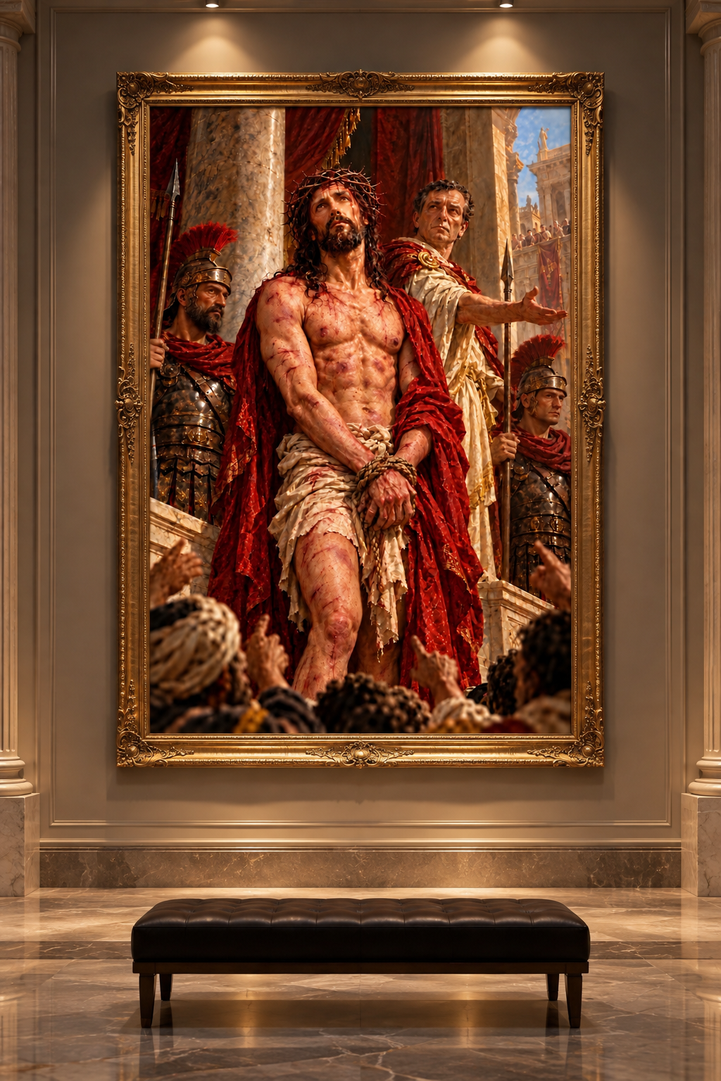 Lienzo de Jesucristo coronado de espinas, mostrado con marco dorado en una galería con banco de cuero