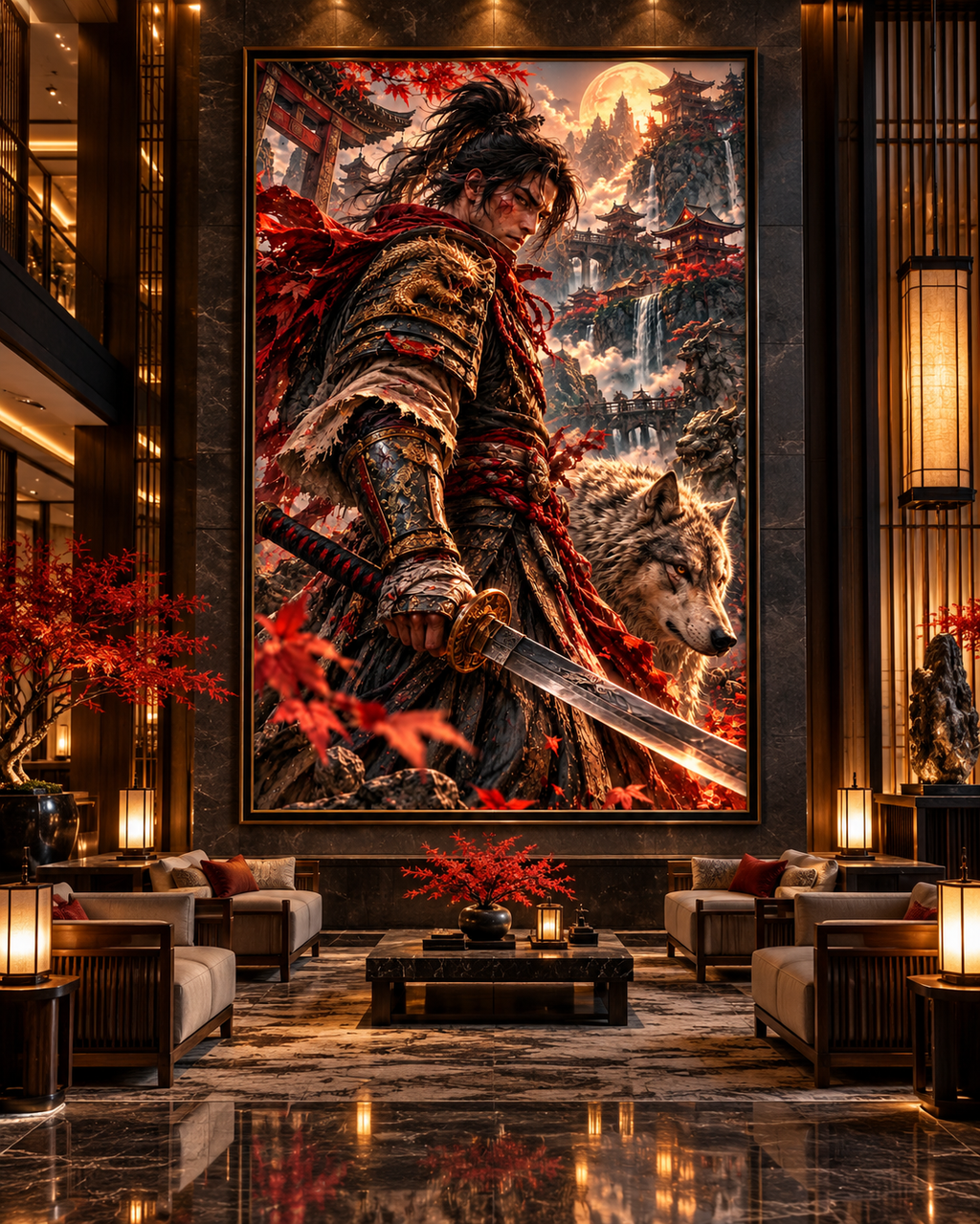 Lienzo Samurái y Lobo entre Arces Rojos, arte japonés impreso en algodón premium (vista 8 de 10)