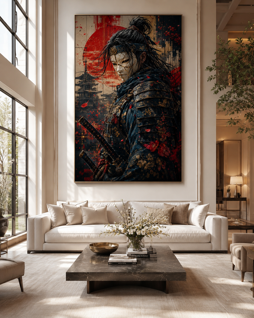 Samurái con Máscara Blanca y Sol Naciente en Lienzo | Arte Guerrero Japonés con Katana y Pagoda