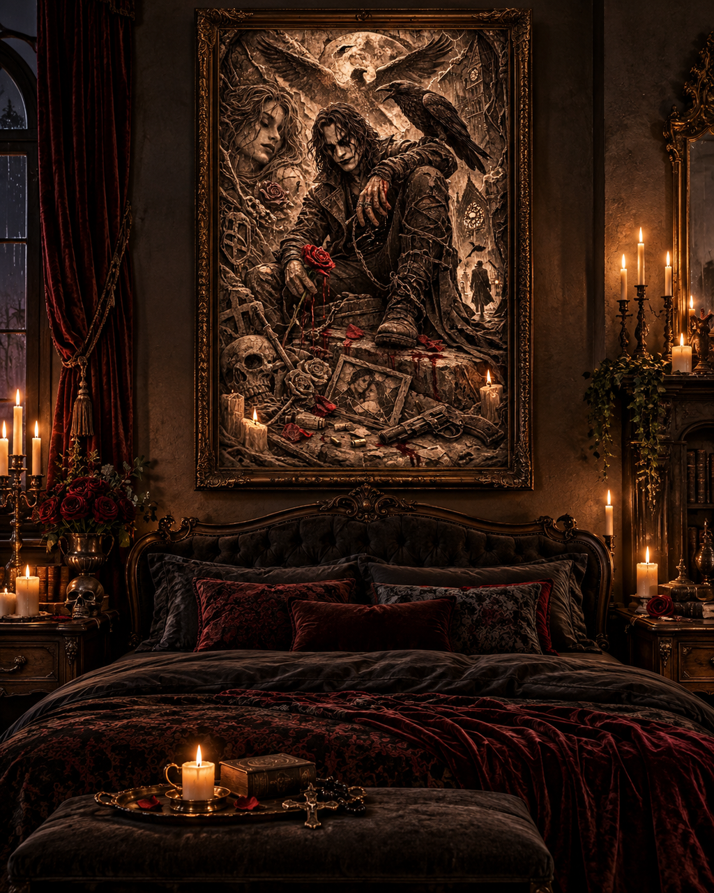 Cuadro gótico El Cuervo sobre la cama de un dormitorio oscuro con cortinas de terciopelo granate y velas