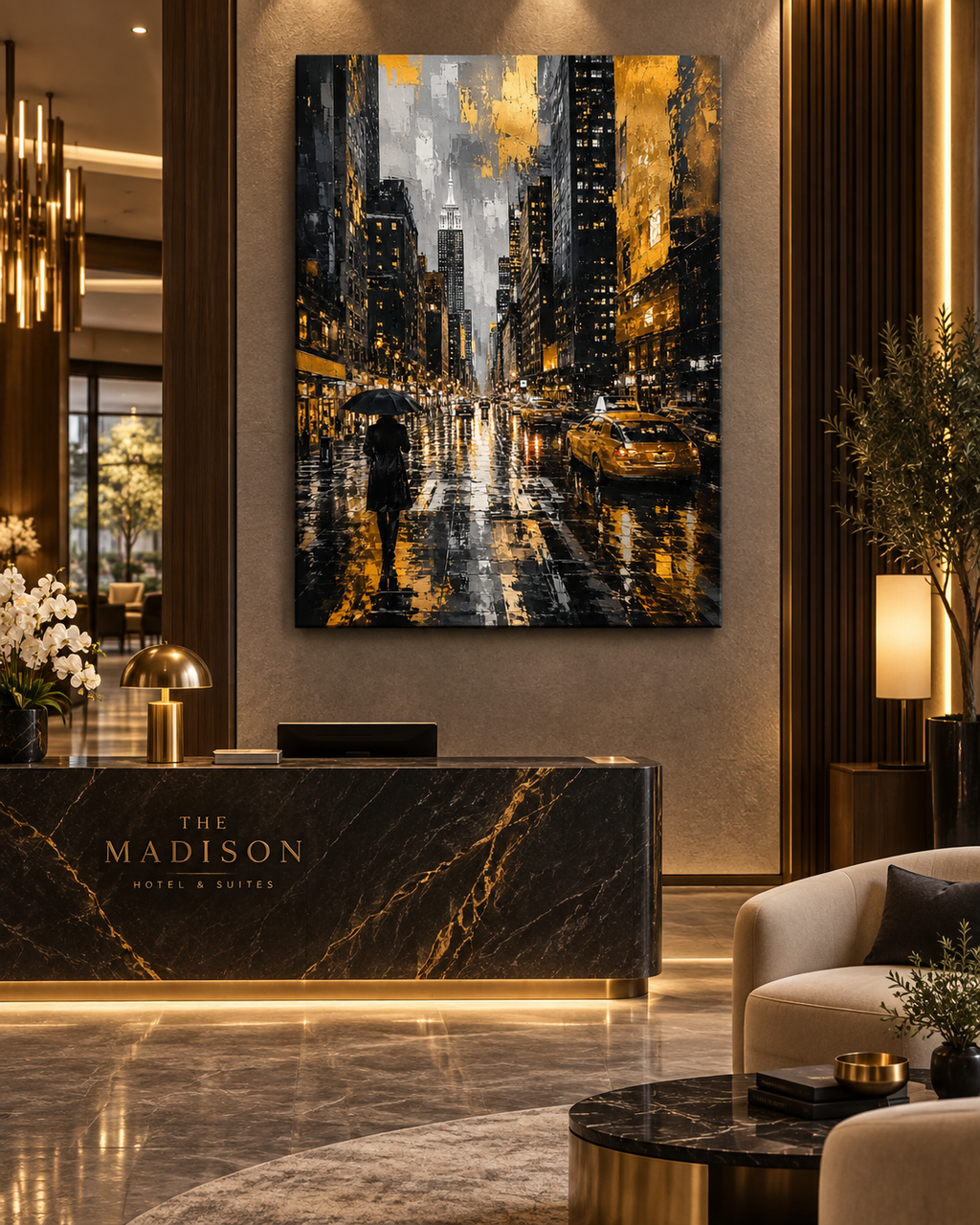 Nueva York Bajo la Lluvia | Lienzo de Arte Urbano en Negro y Dorado