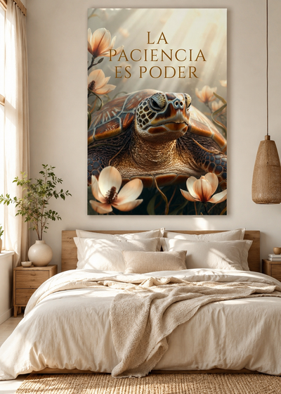 Tortuga simbólica con magnolias | lienzo natural