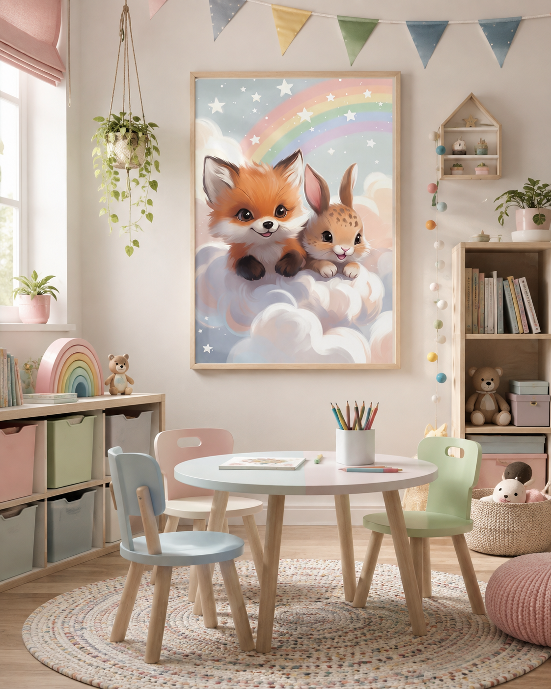Lienzo infantil de zorrito y conejito en rincón de lectura con luces de estrellas