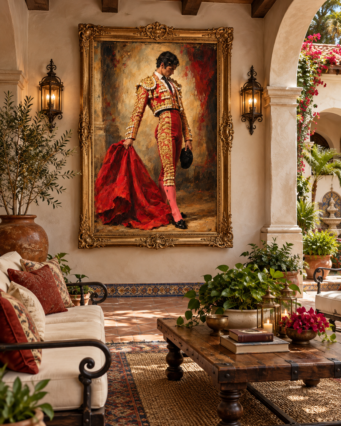 Cuadro de torero con marco dorado en un patio andaluz con faroles, buganvillas, sofá blanco y mesa de madera