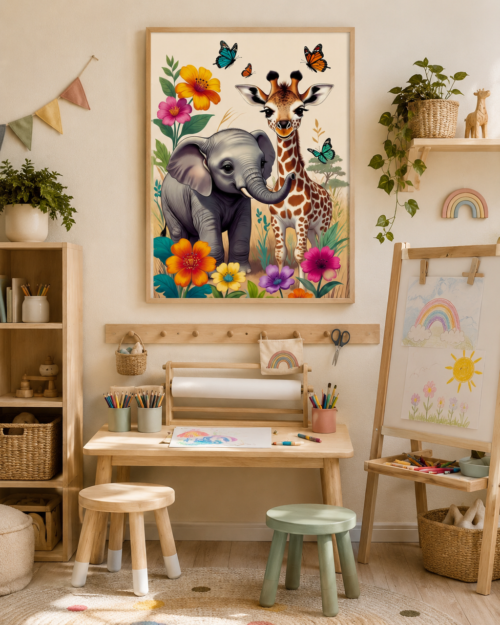 Lienzo infantil impreso de elefante y jirafa sobre cuna de bebé