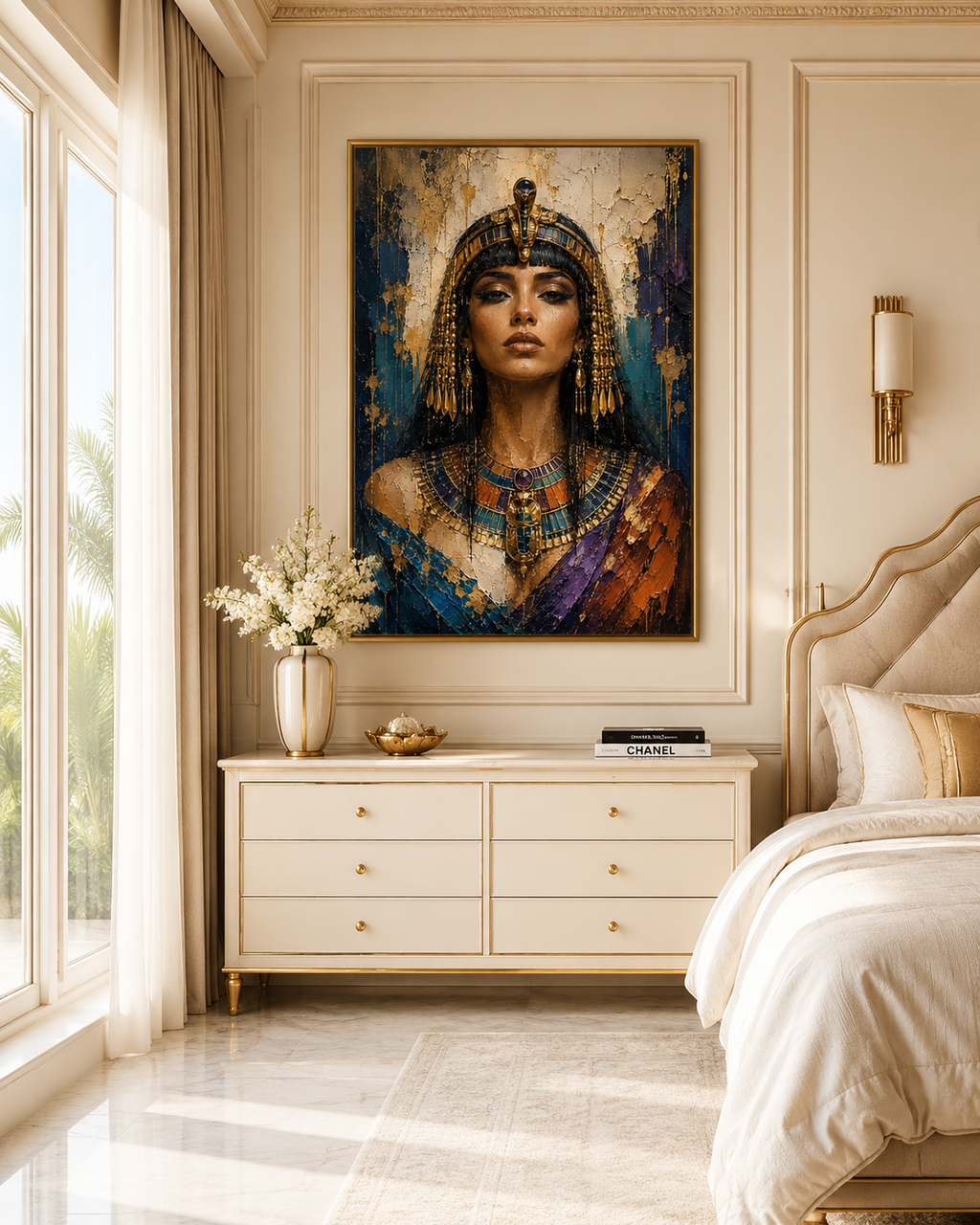 Lienzo impreso de Cleopatra en salón elegante con sofá azul marino