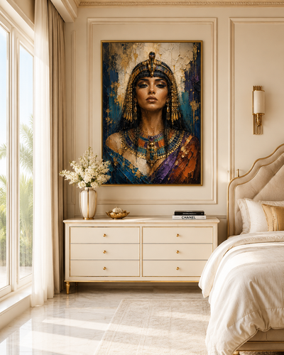 Lienzo impreso de Cleopatra en salón elegante con sofá azul marino