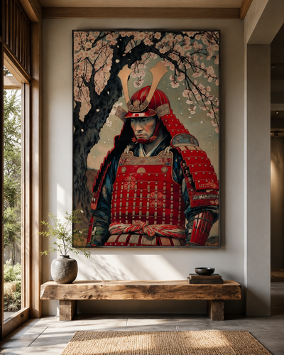 Lienzo japonés de samurái con cerezo en flor