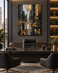Nueva York Bajo la Lluvia | Lienzo de Arte Urbano en Negro y Dorado