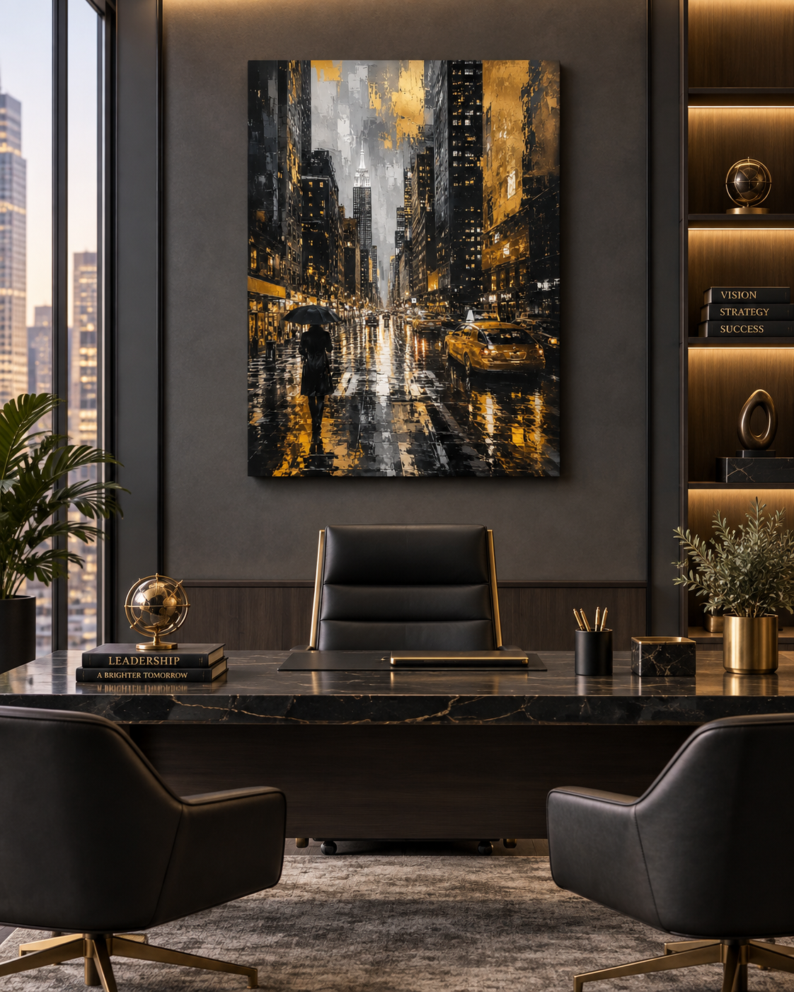 Nueva York Bajo la Lluvia | Lienzo de Arte Urbano en Negro y Dorado
