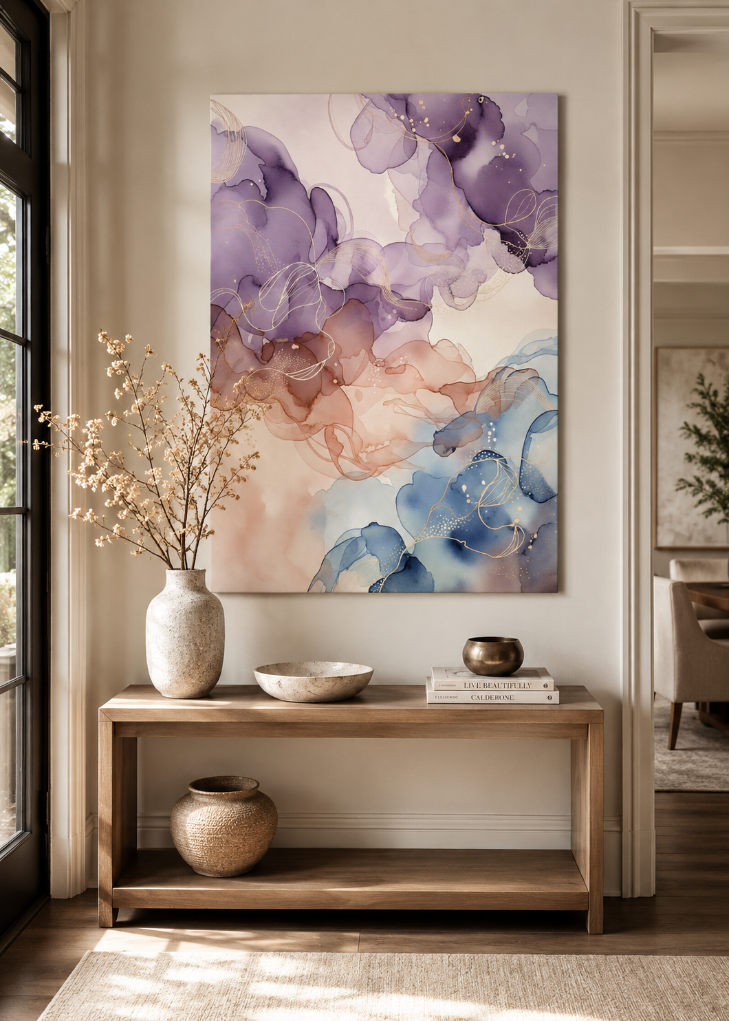 Lienzo contemporáneo con estética de acuarela abstracta y acentos dorados