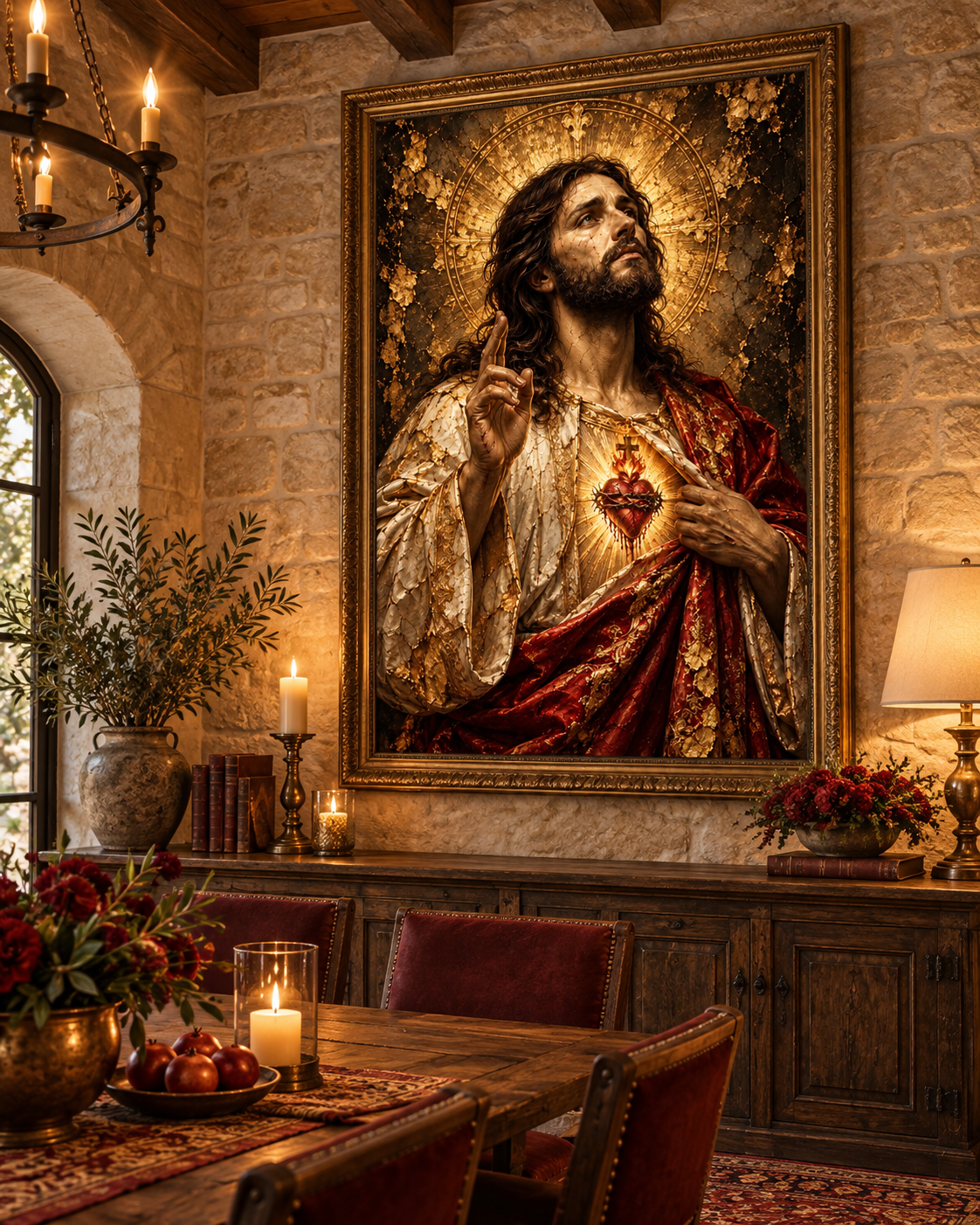 Jesucristo Sagrado Corazón | Lienzo Religioso con Pan de Oro
