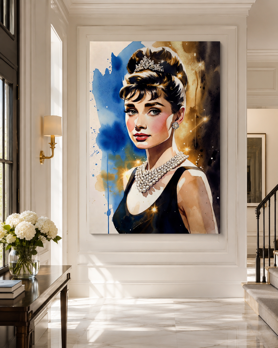Retrato vintage de Audrey Hepburn impreso sobre lienzo