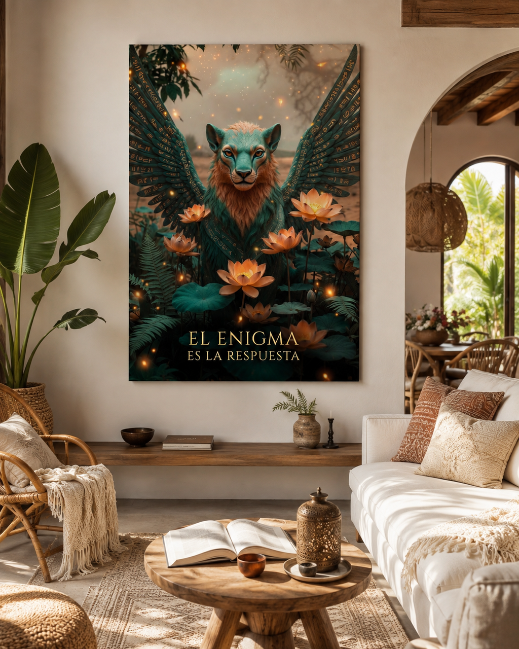 Lienzo de esfinge entre lotos y vegetación nocturna