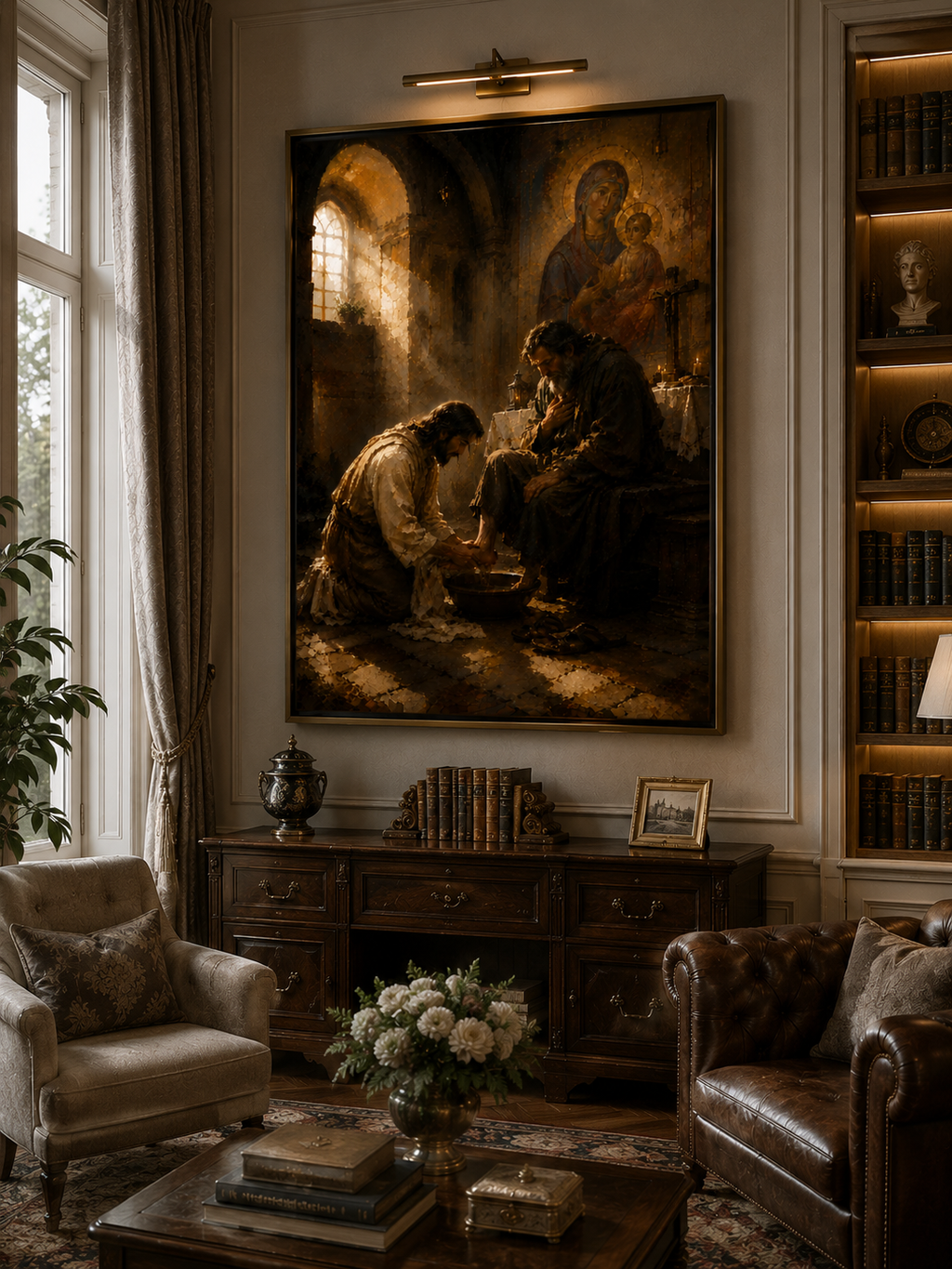 The Washing of the Feet canvas displayed in a warm sunlit bedroom