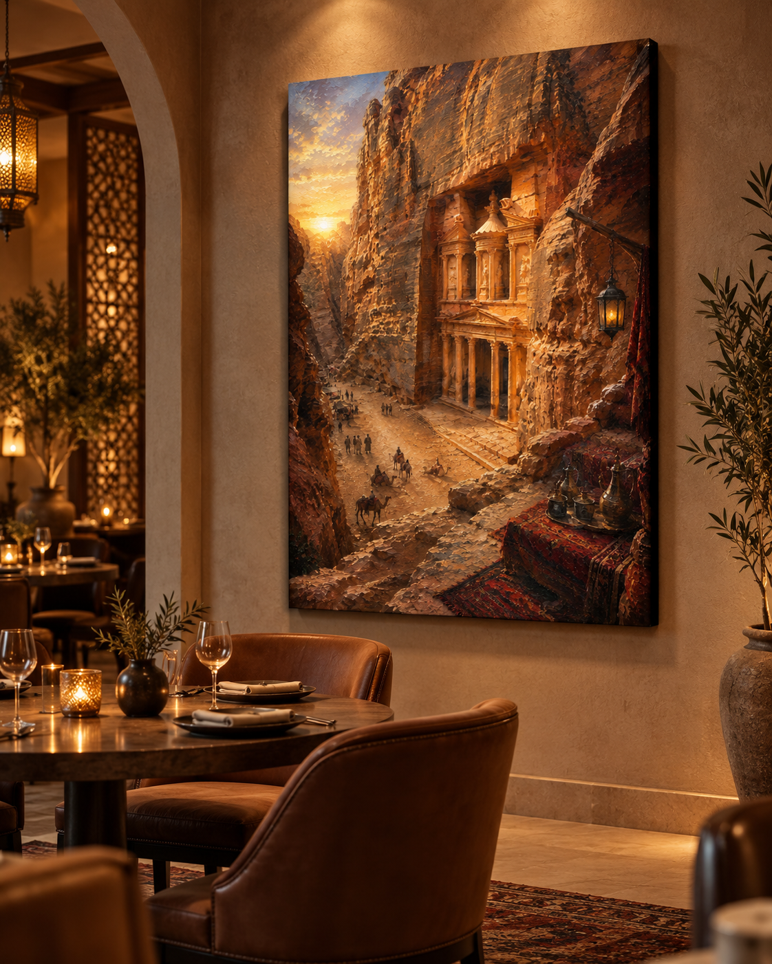 Lienzo de Petra al atardecer en un comedor cálido con butacas de cuero marrón y mesa con copas