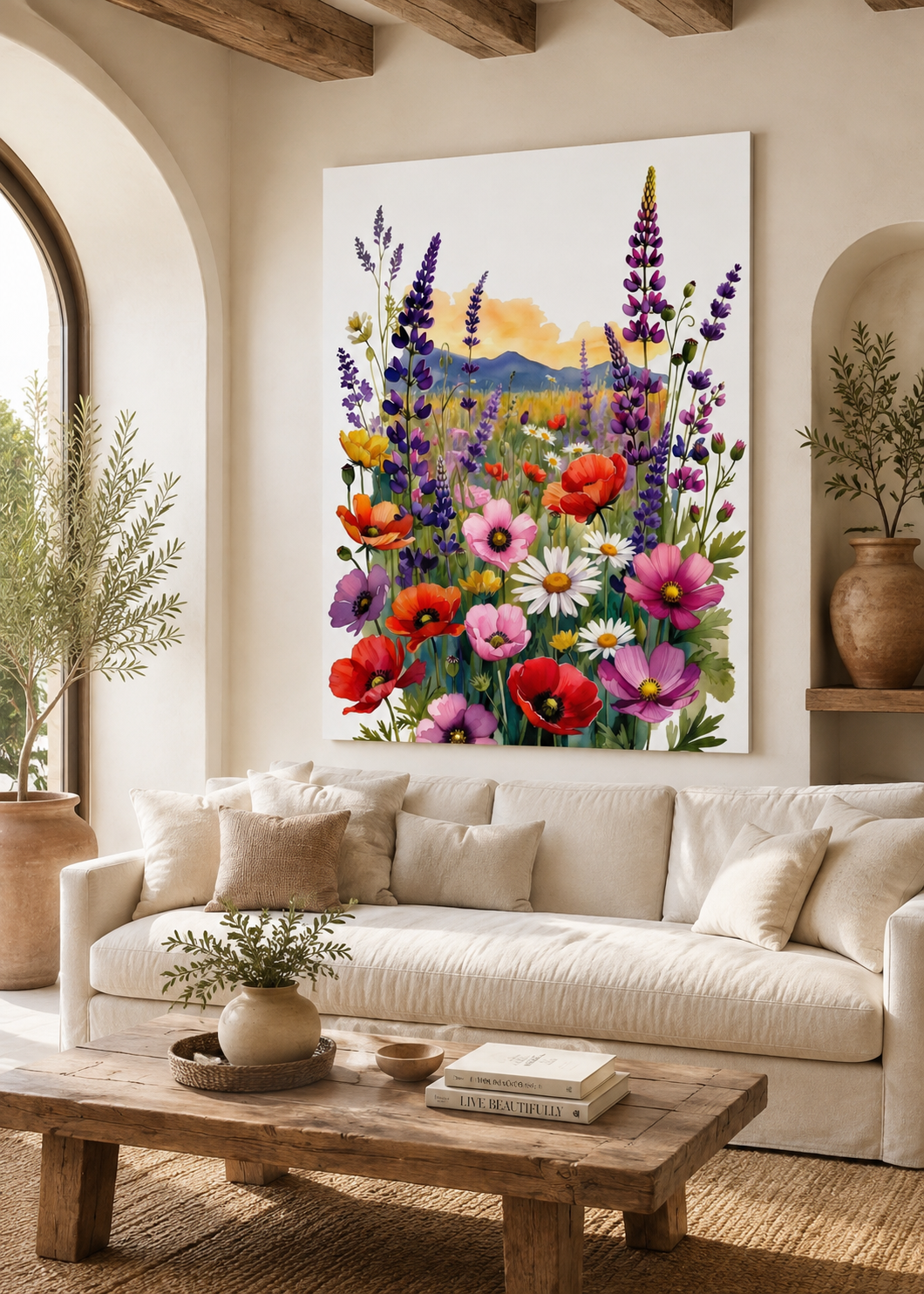 Lienzo floral con amapolas, margaritas y paisaje suave