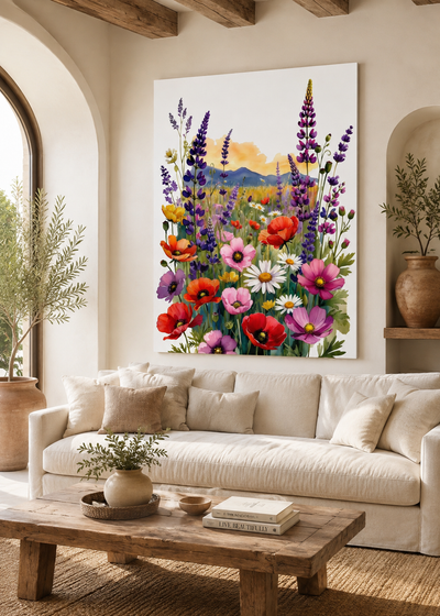 Lienzo floral con amapolas, margaritas y paisaje suave