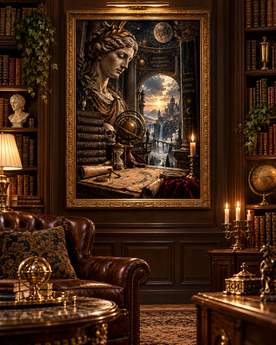 Cuadro de filosofía clásica con busto, libros y esfera armilar en una biblioteca con sofá Chesterfield y lámpara