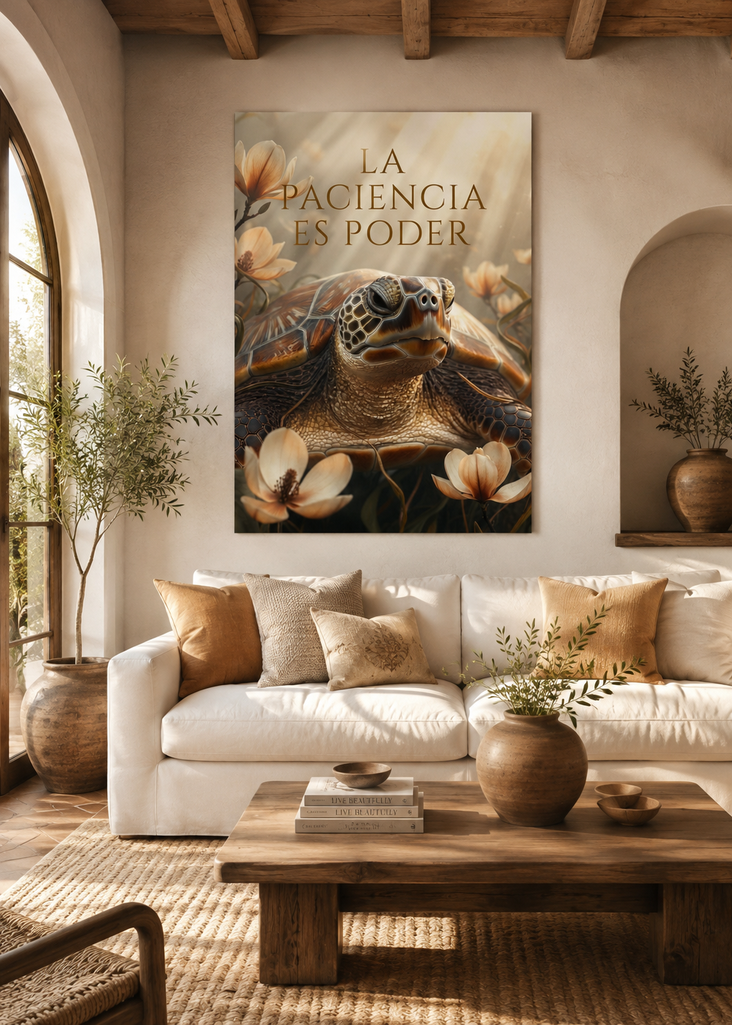 Lienzo de tortuga con flores y luz suave