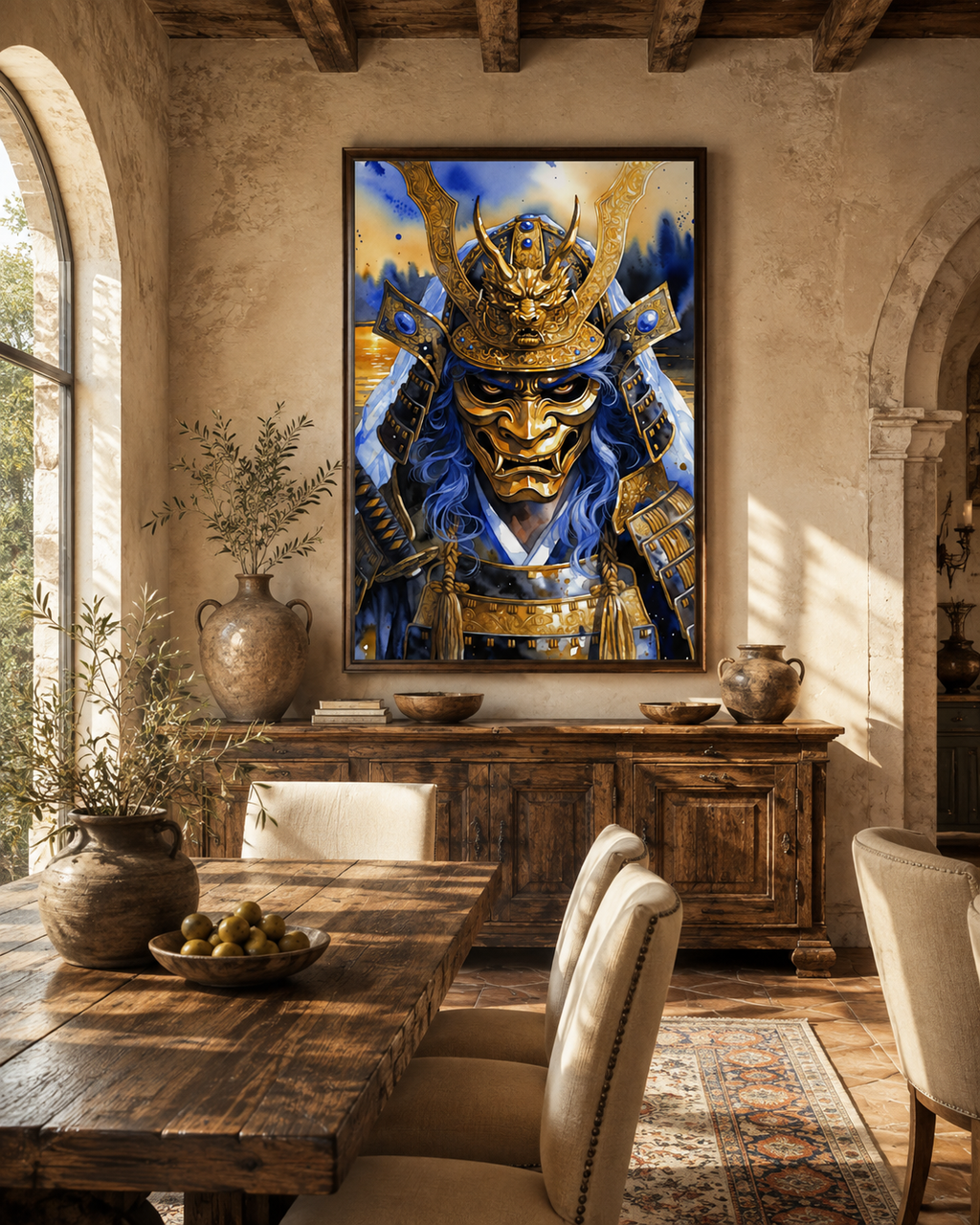 Arte japonés de leyenda con samurái y dragón