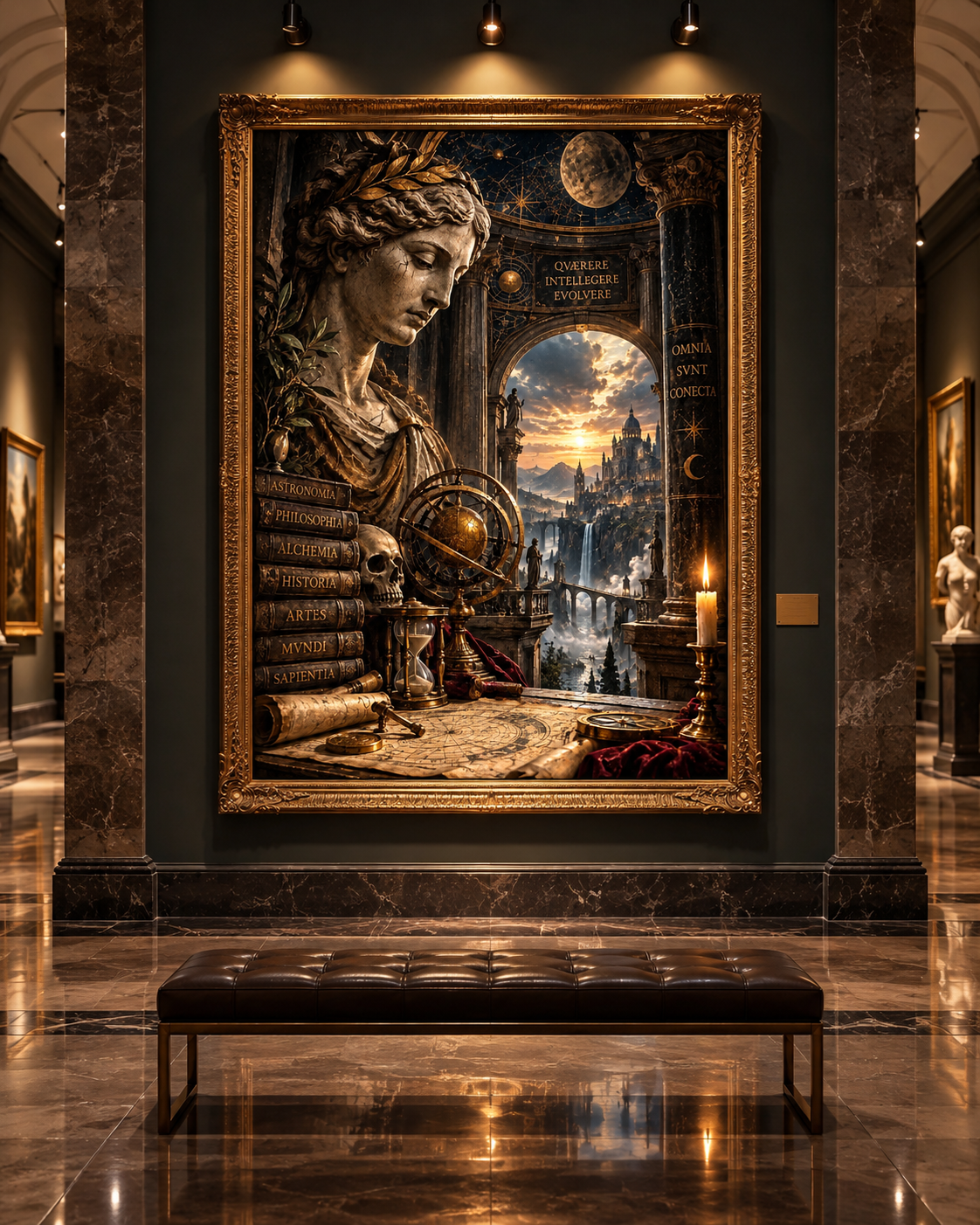 Lienzo clásico de busto pensativo con libros, esfera armilar y ciudad al atardecer, mostrado con marco en una galería