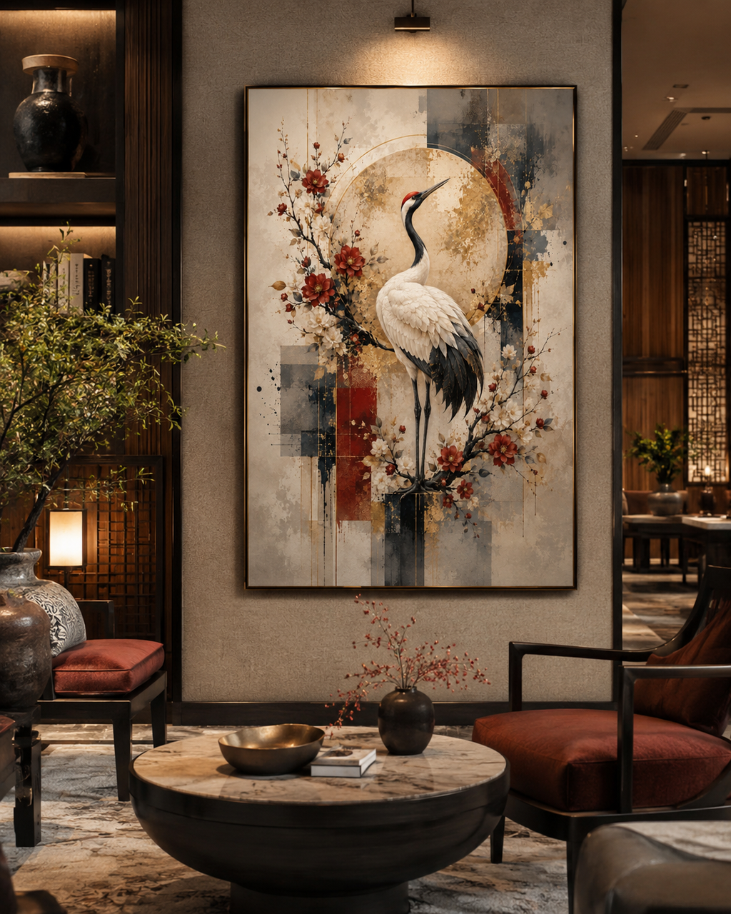 Lienzo de grulla japonesa sobre sofá en salón de estilo zen con alfombra de yute