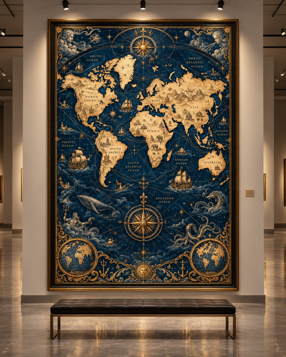 Lienzo de mapa mundi del explorador expuesto en una galería de paredes blancas con banco negro y focos