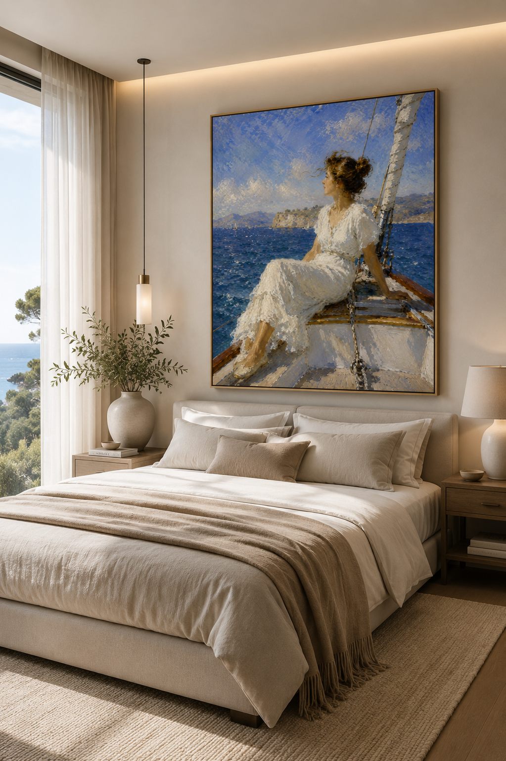 Lienzo impresionista de mujer con vestido blanco en velero mediterráneo
