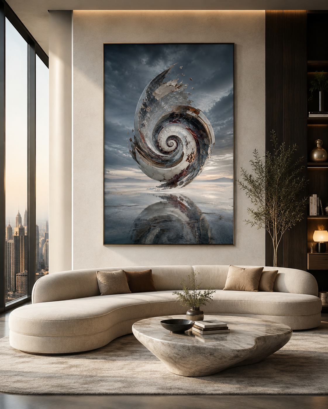 Lienzo abstracto surrealista en dormitorio oscuro y elegante