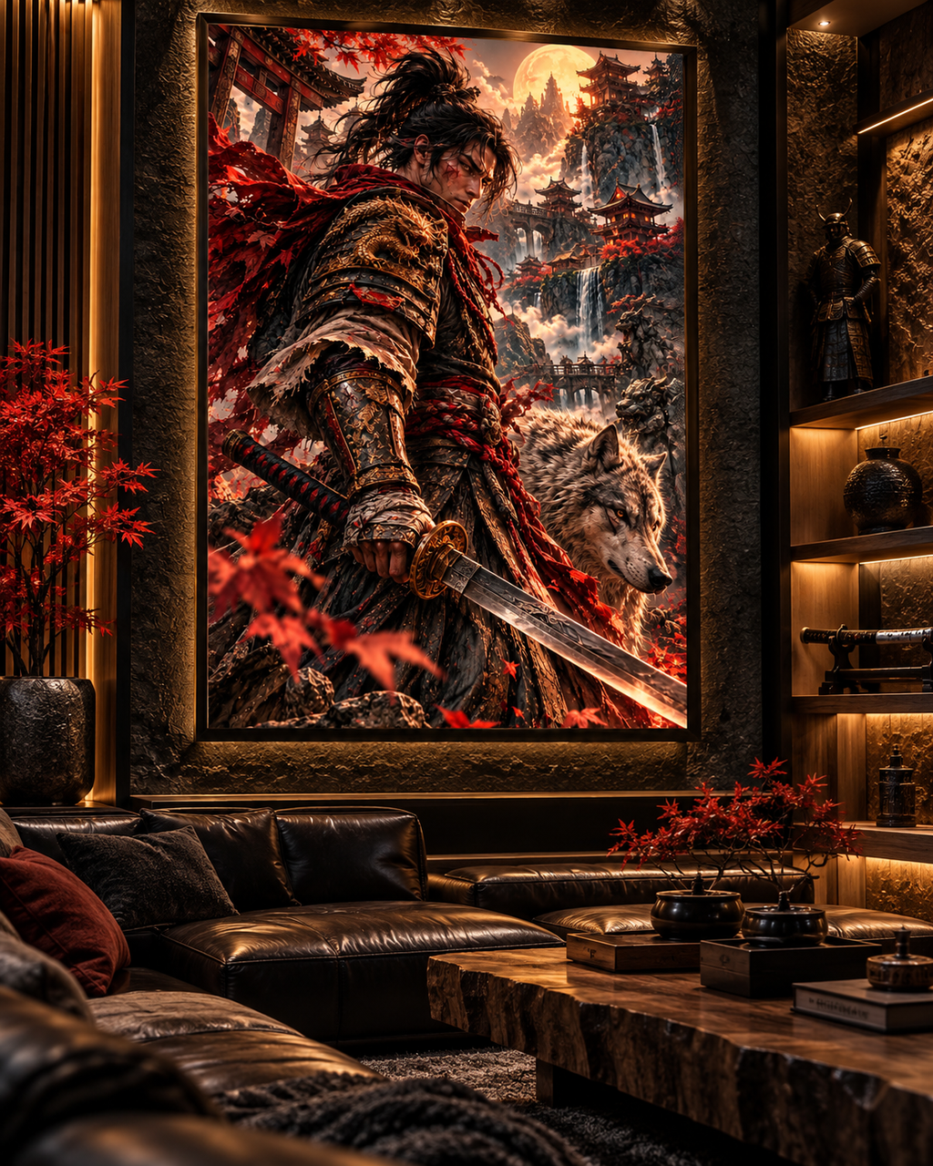 Lienzo Samurái y Lobo entre Arces Rojos, arte japonés impreso en algodón premium (vista 10 de 10)
