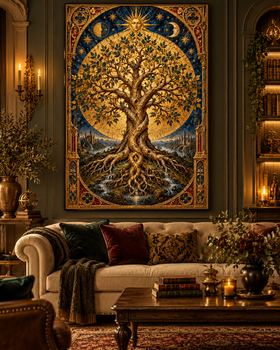 Cuadro del Árbol de la Vida con efecto pan de oro sobre un sofá Chesterfield crema con cojines verdes y granate