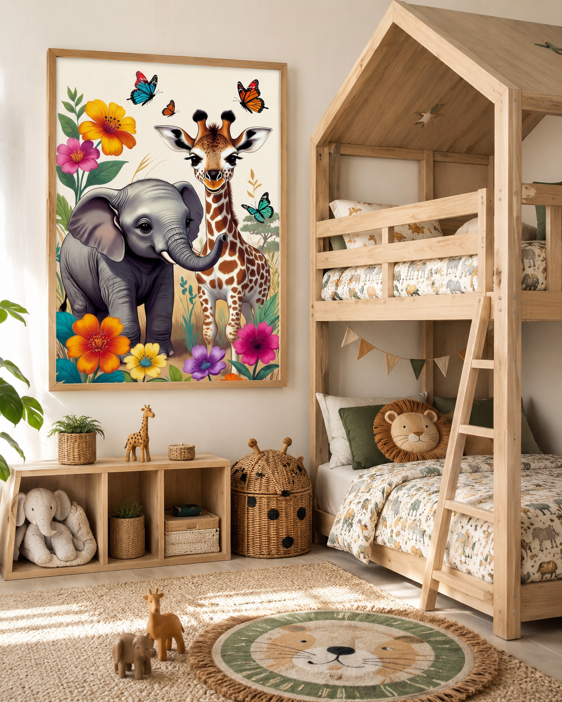 Lienzo infantil de elefante y jirafa entre dos literas en habitación compartida