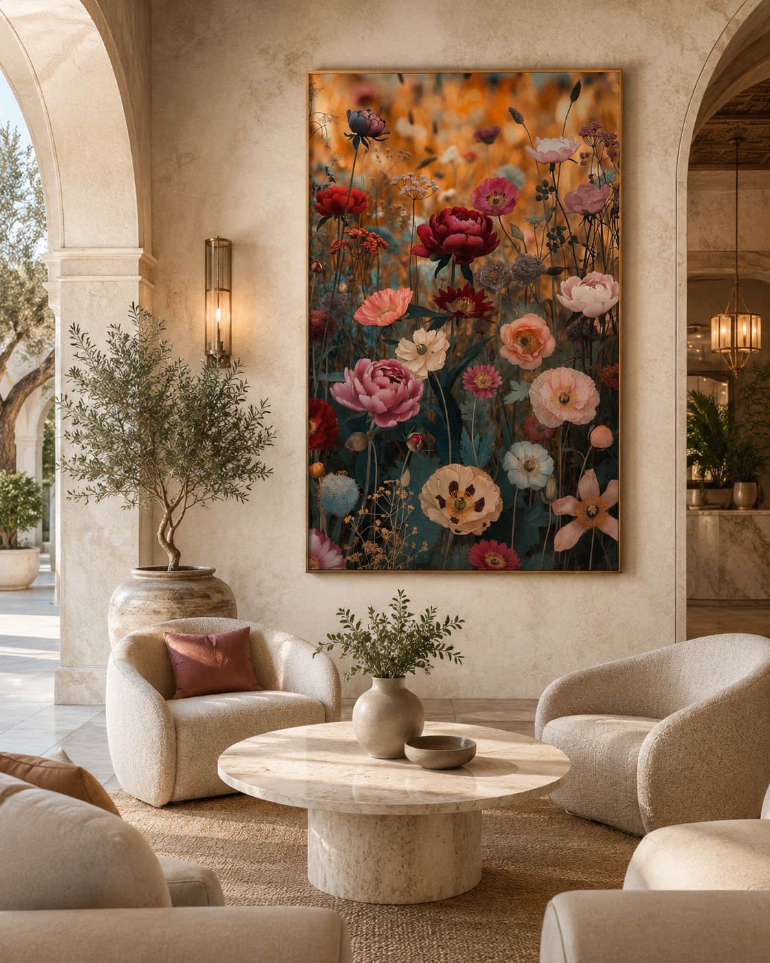 Arte de pared floral con amapolas y peonías al atardecer
