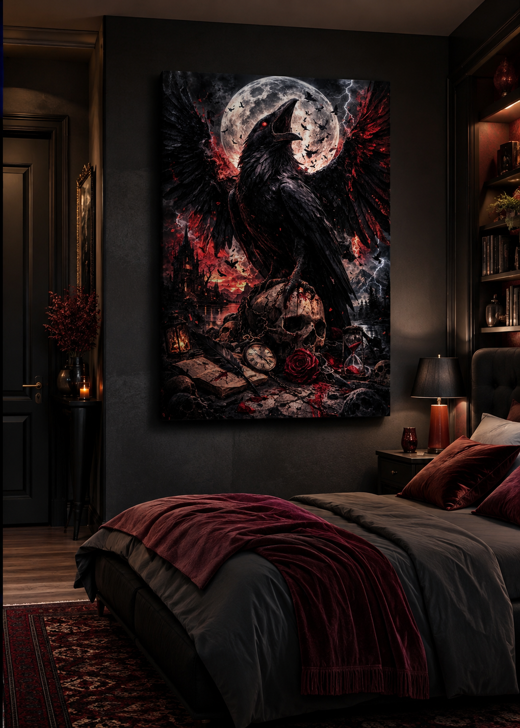 Lienzo de fantasía oscura con cuervo y paisaje tormentoso