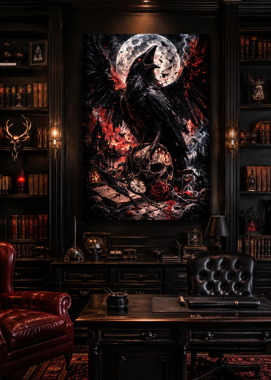 Cuervo bajo luna llena con estética de terror y fantasía