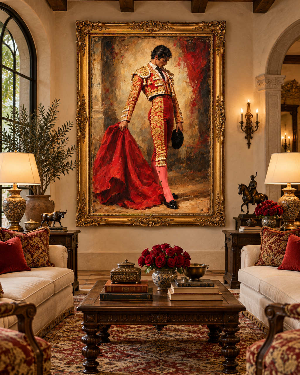 Cuadro de torero con traje de luces rojo y dorado, mostrado con marco dorado en un salón español con sofás blancos y rosas rojas