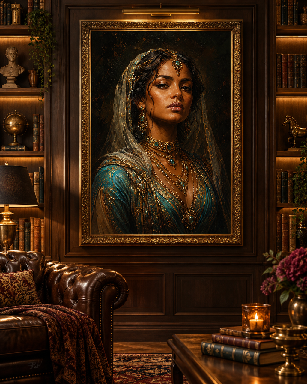 Lienzo de retrato oriental en azul y oro con marco dorado en una biblioteca de madera oscura con sillón Chesterfield de cuero