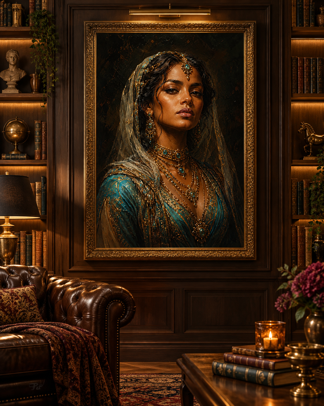 Lienzo de retrato oriental en azul y oro con marco dorado en una biblioteca de madera oscura con sillón Chesterfield de cuero