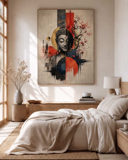 Lienzo impreso de Buda oriental en salón zen con sofá beige