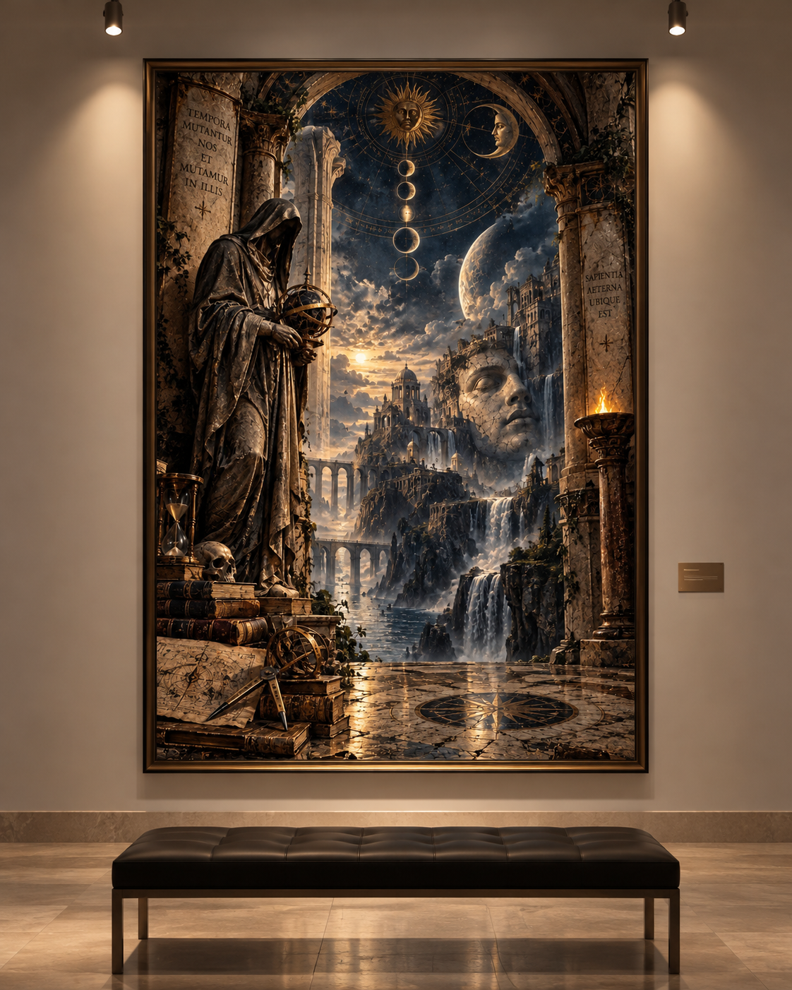 Lienzo El Guardián del Tiempo con sabio encapuchado, esfera armilar y ciudad ancestral en una galería con banco negro