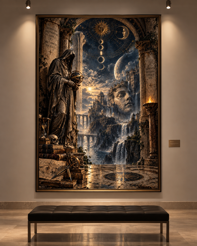 Lienzo El Guardián del Tiempo con sabio encapuchado, esfera armilar y ciudad ancestral en una galería con banco negro