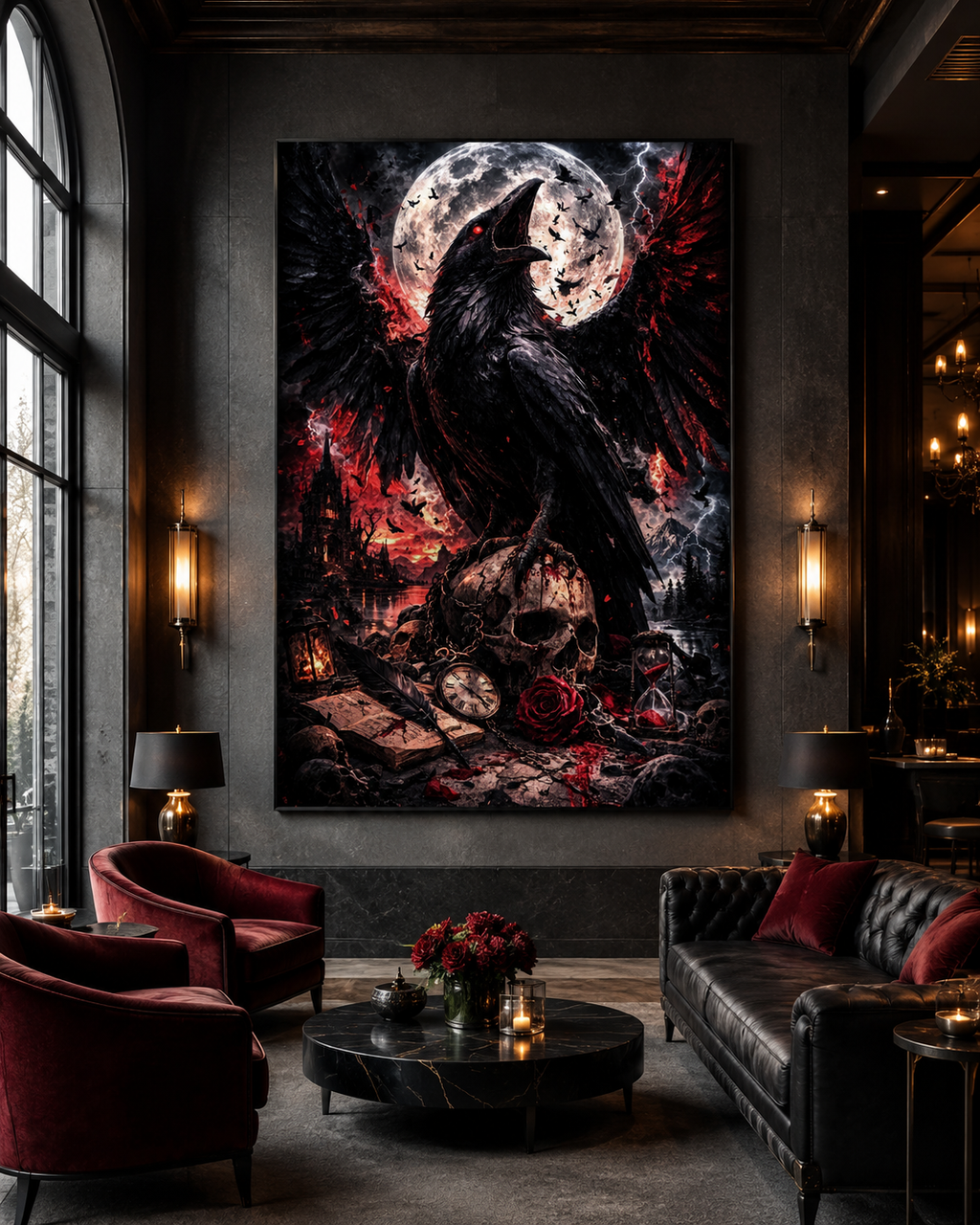 Cuervo oscuro con calavera y luna | lienzo gótico