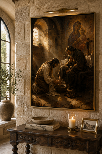 Lienzo de arte religioso en un despacho de madera oscura