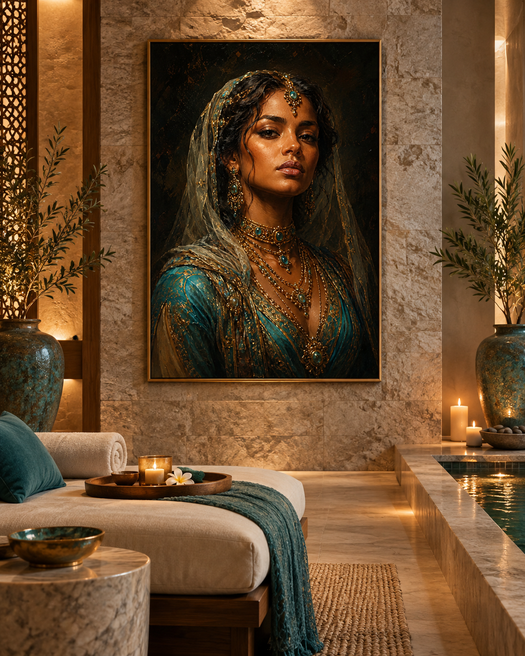 Retrato étnico de mujer con velos y joyas en lienzo turquesa y oro, sobre pared de mármol junto a un sofá con plaid verde azulado