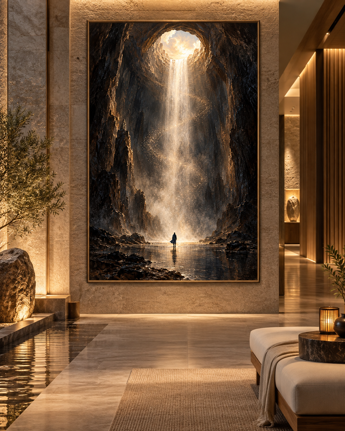 Cuadro de cueva con cascada de luz dorada en un pasillo de estilo spa con agua, piedra natural y velas